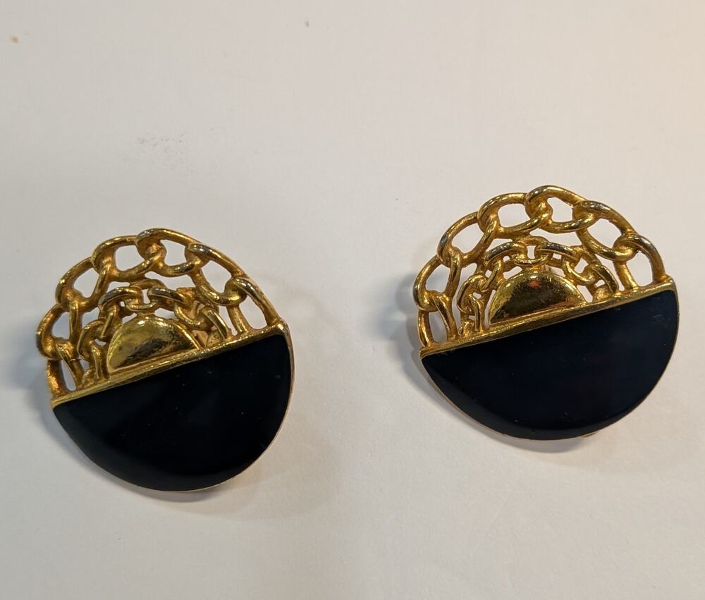 Vintage Monet Gold Tone Black Enamel Clip On Earrings Glass Door Knocker MCM